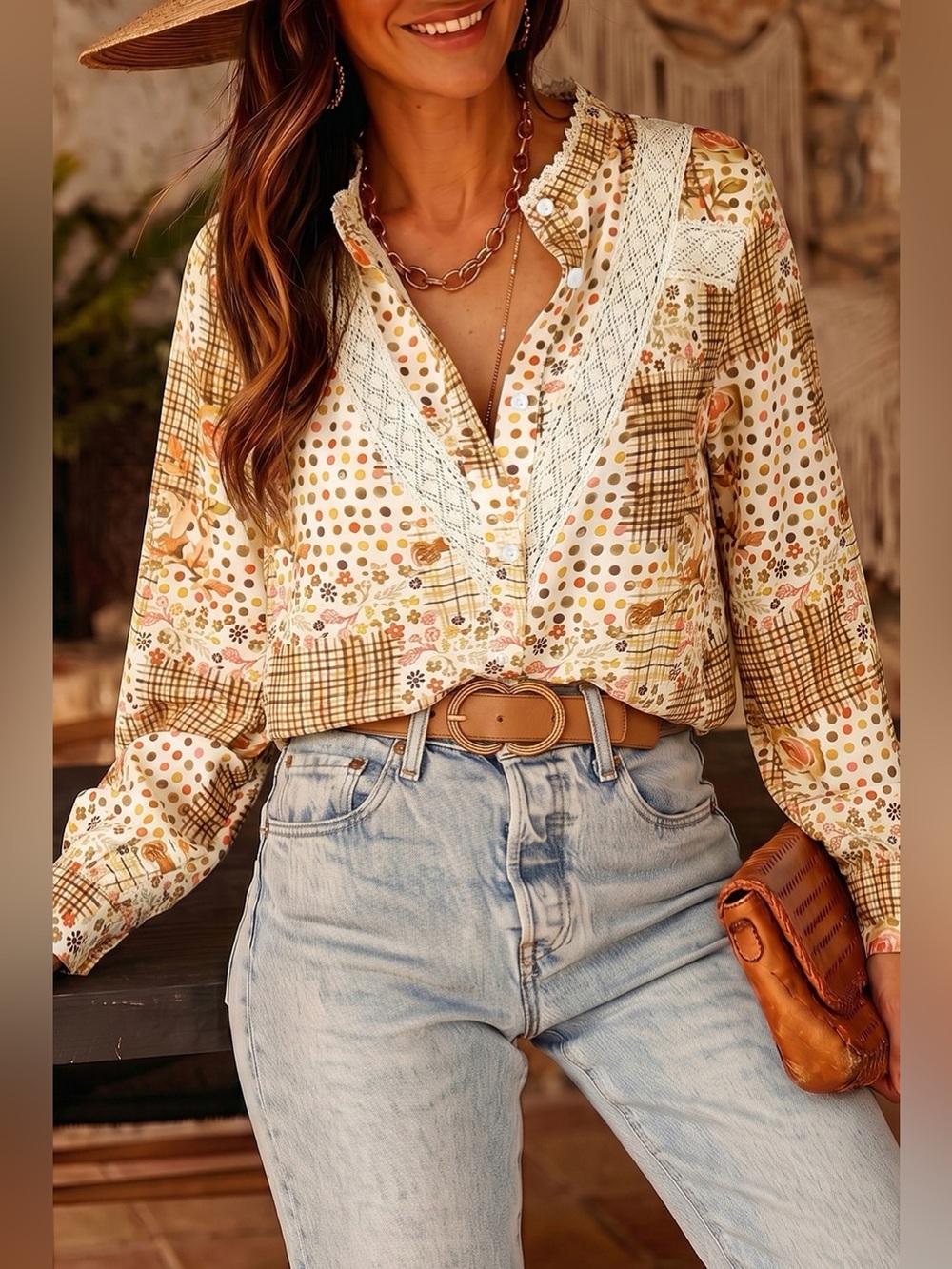 Floral Lace Trim Button Down Long Sleeve Shirt